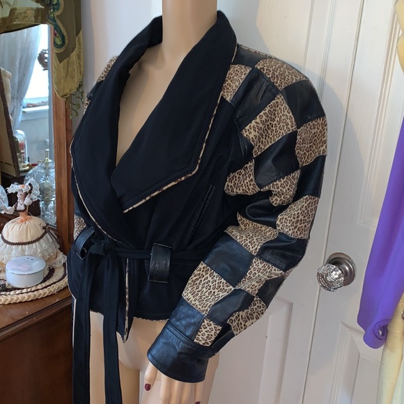 Vtg 80s rare unique leopard checked leather new wave  batwing wrap jacket L - Picture 10 of 15